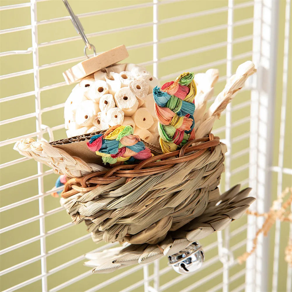 Parrot gnawing toy set with three wood and sisal rope chew designs for molar activity.