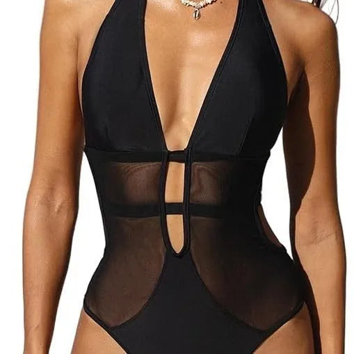 Black women's one-piece swimsuit with V-neck, mesh detailing and adjustable straps