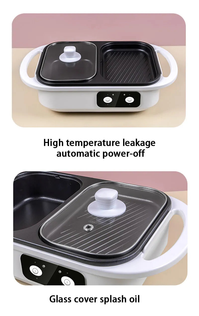 White electric casserole appliance with dual hot pot and frying oven functions on kitchen counter