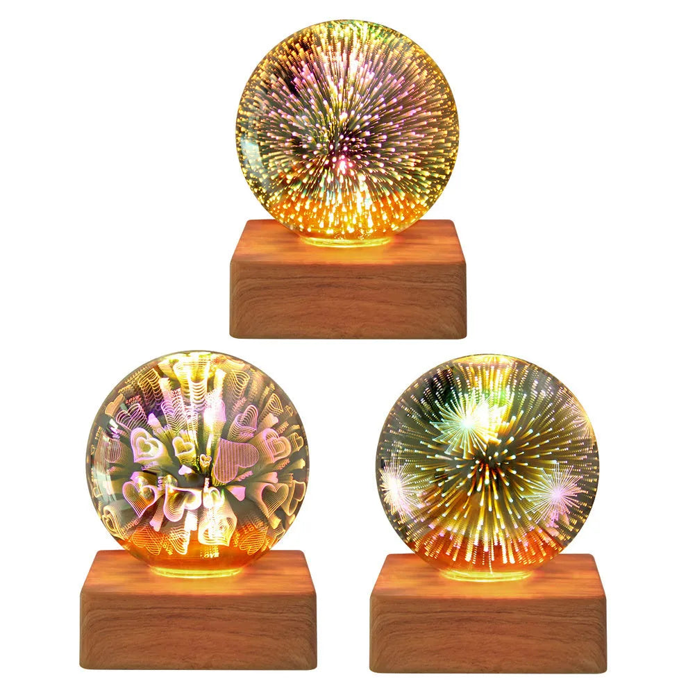 USB plug-in crystal ball night light displaying colourful firework pattern on a dark surface.