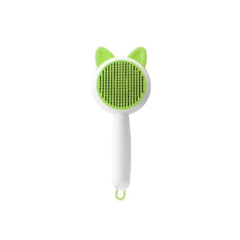 Self-cleaning cat grooming comb with stainless steel teeth in greenish white colour