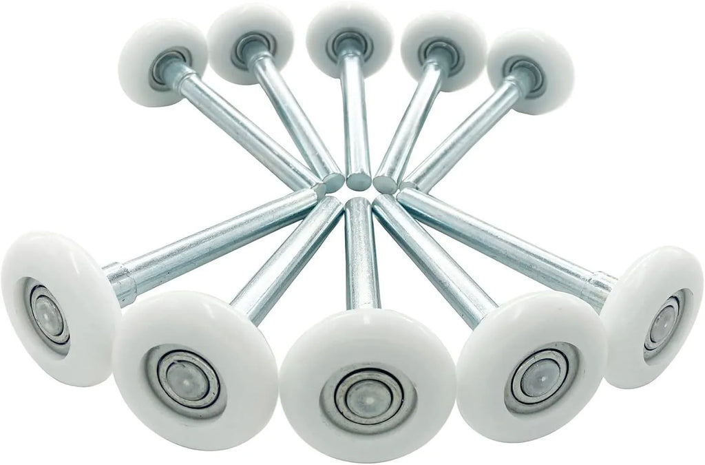 Set of 10 white quiet garage door steel rollers and 2 handle winding strips for garage door maintenance