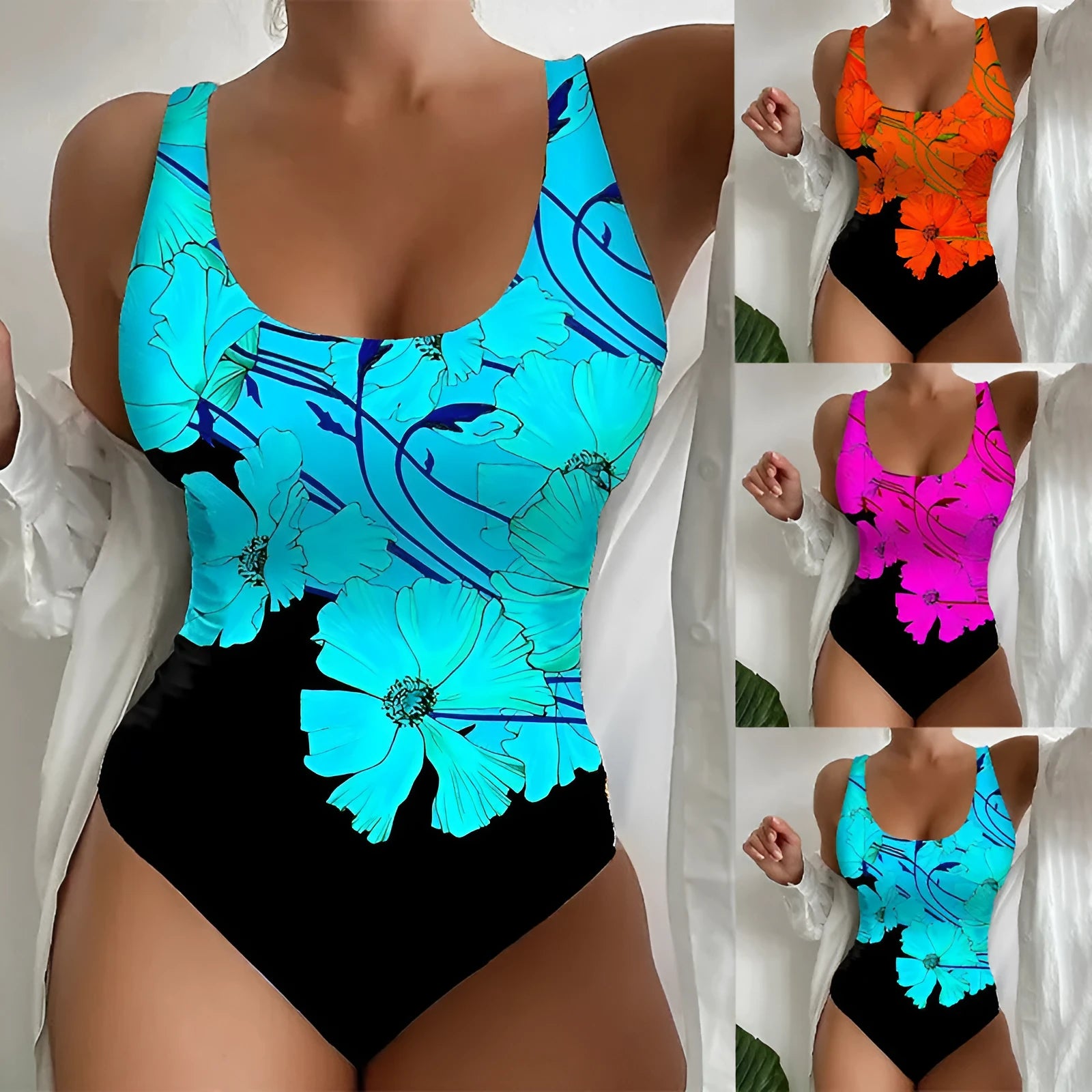 Women's 3D printed one-piece swimsuit in Lycra fabric available in orange red, purple, and sky blue colours