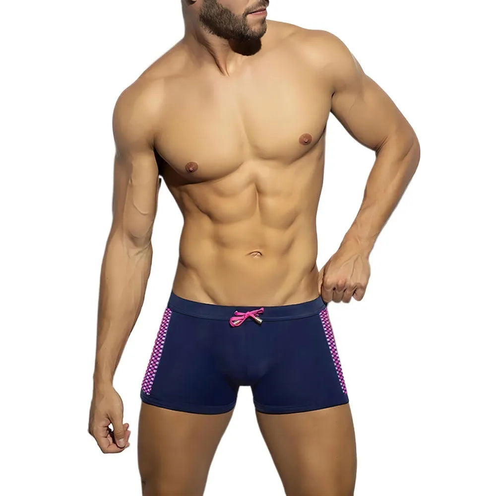 Men's polka dot print quick-dry swimming boxers in black, dark blue, and yellow colour options.