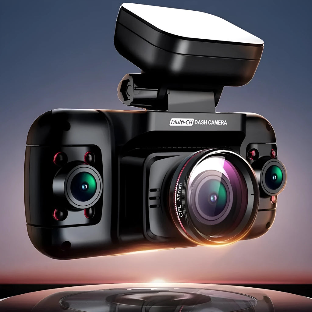 Black four-lens car dash cam with 2-inch screen mounted on a car windscreen.