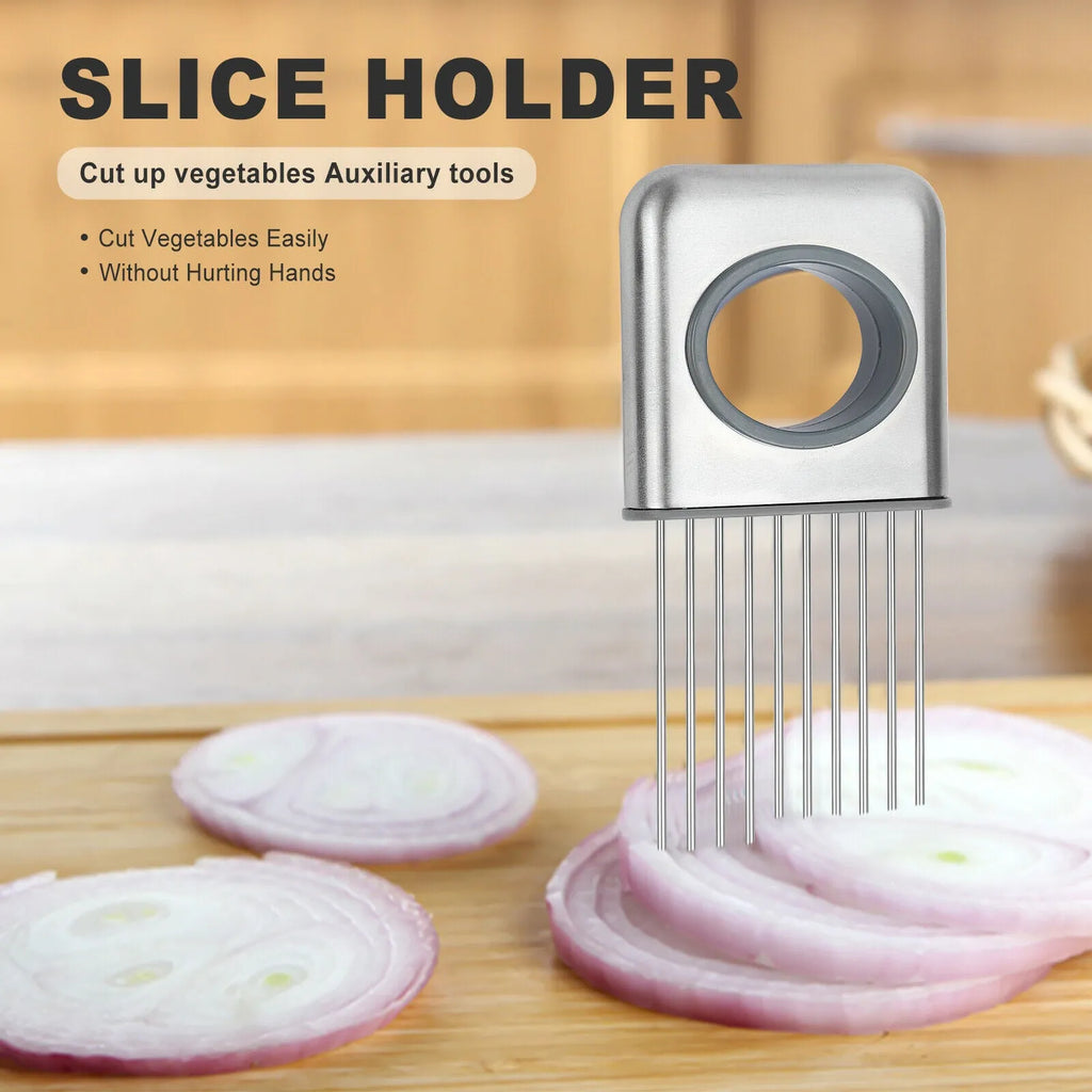 Stainless steel onion holder slicer with ultra-sharp prongs and finger guard for kitchen vegetable cutting