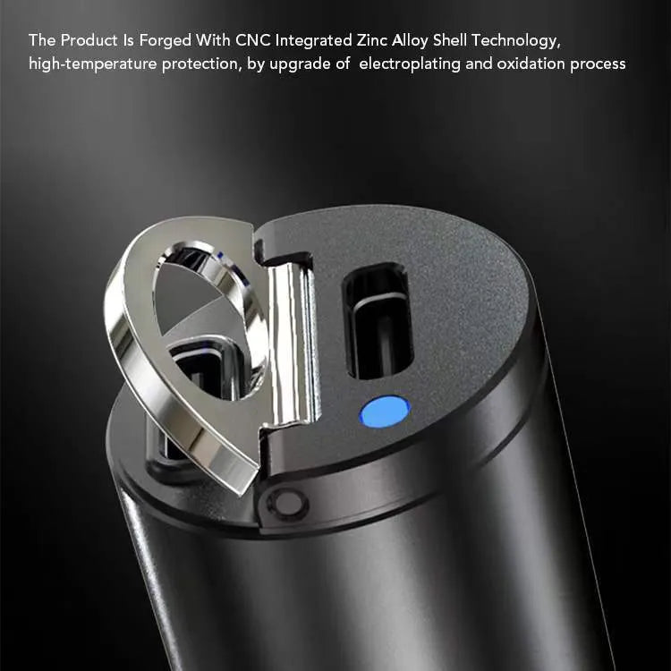 Small black zinc alloy 30W USB-C car charger for cigarette lighter socket with PD and QC fast charging.