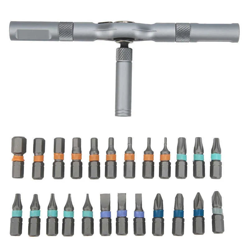 24 in 1 ratchet screwdriver set with S2 alloy steel bits and black handle on white background