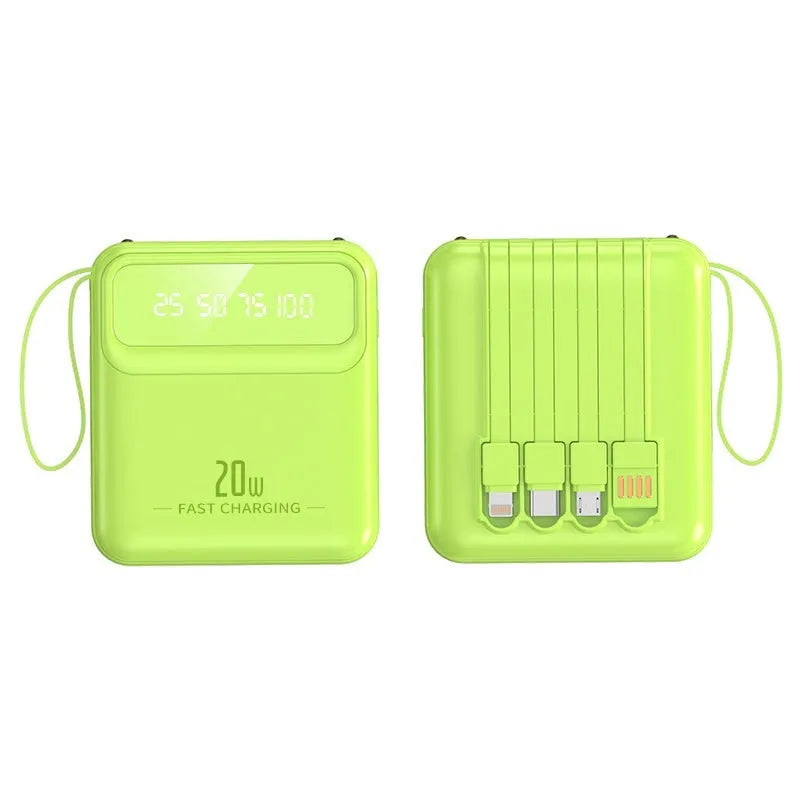 Mini power bank with four built-in cables and digital display in beige colour