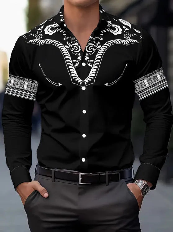 Men's long sleeve casual shirt in thin polyester with national-style digital print, loose cardigan fit, available in multiple colours