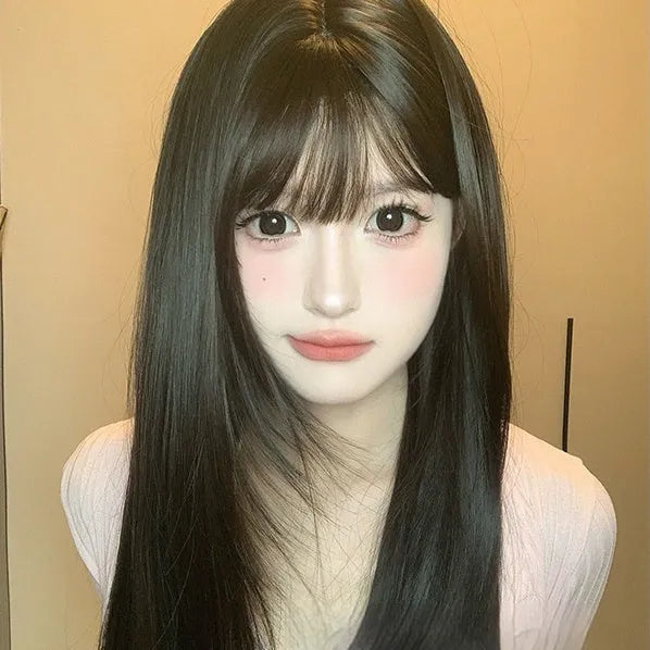Dark brown full-head synthetic wig with long straight hair and bangs for round face shapes