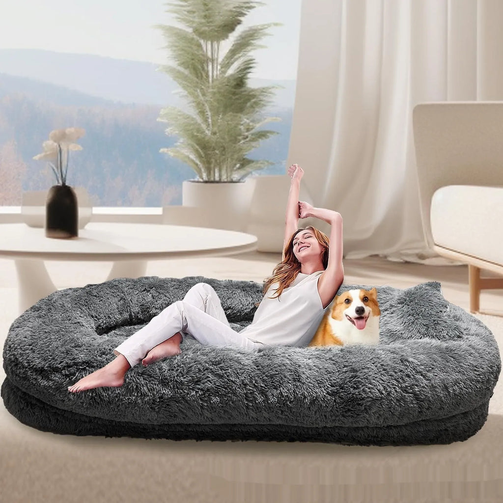 Queen bed pet plush sofa in dark gray cloth with optional blanket for dogs, 5XL and 6XL sizes