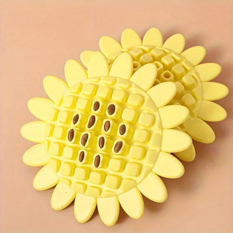 Yellow rubber sunflower-shaped dog chew toy for puppies and dogs