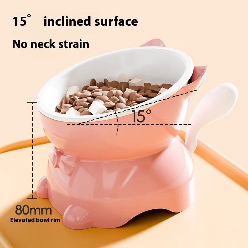 Stainless steel slanted cat bowl in blue colour on a wooden floor, showing its anti-spill design.
