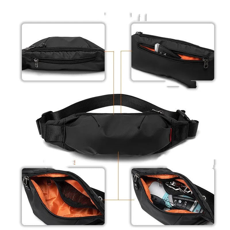 Black oxford cloth waist pack showing front zip and interior phone and ID pockets.