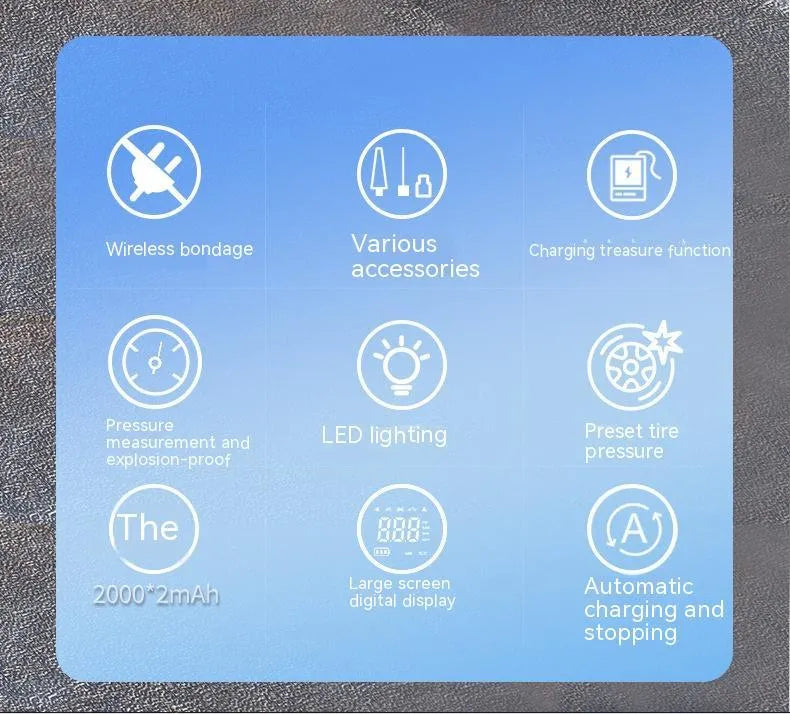Wireless digital display handheld air pump with LED light, digital screen, and assorted inflation nozzles.