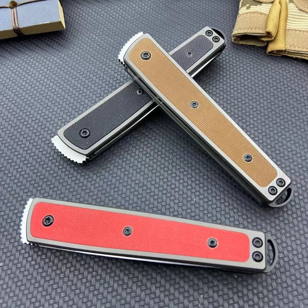 Handmade folding fruit knife with stainless steel blade shown open, in black, red, or brown colour options.