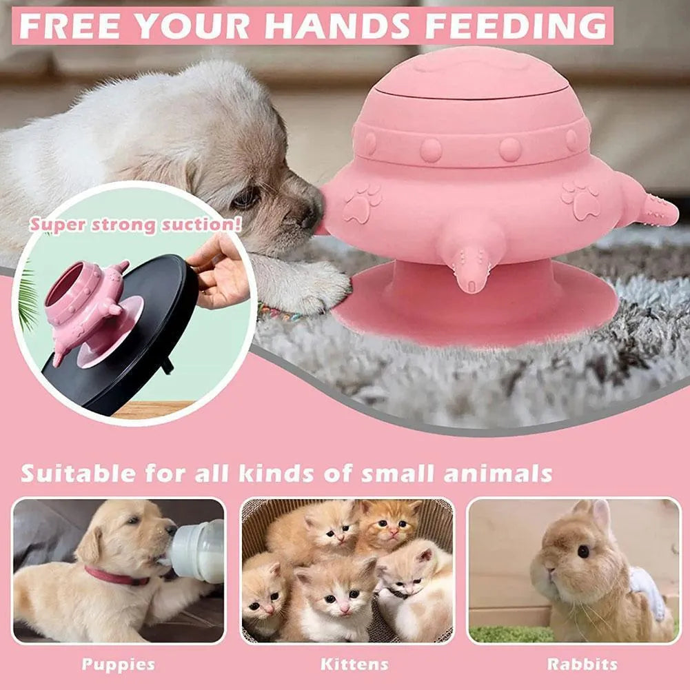 Pink silicone pet milk feeding bowl with bionic breast design and four teats.