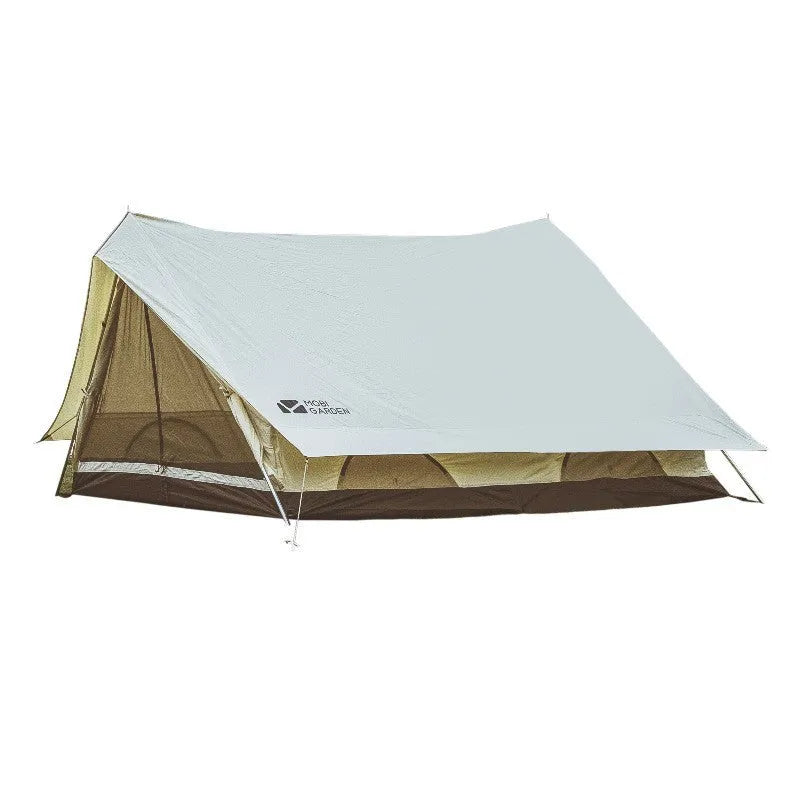 Large family camping tent in mountain green and ivory white with aluminium poles and Oxford base