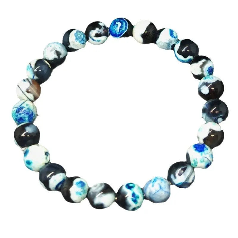 8mm diameter natural agate beaded bracelet with glass and coloured glaze beads in bohemian style
