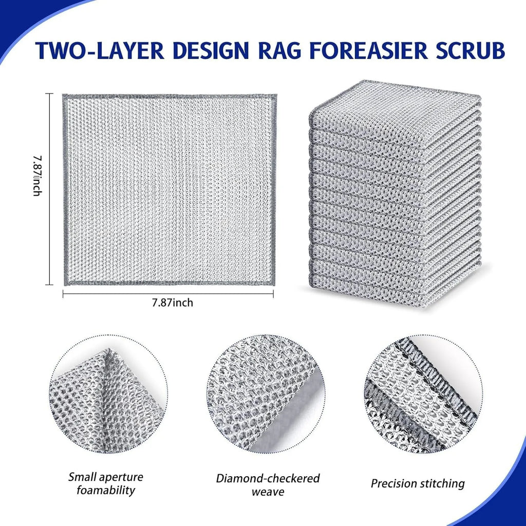 Silver silk double-sided microfiber cleaning rag for scrubbing pots and bowls.