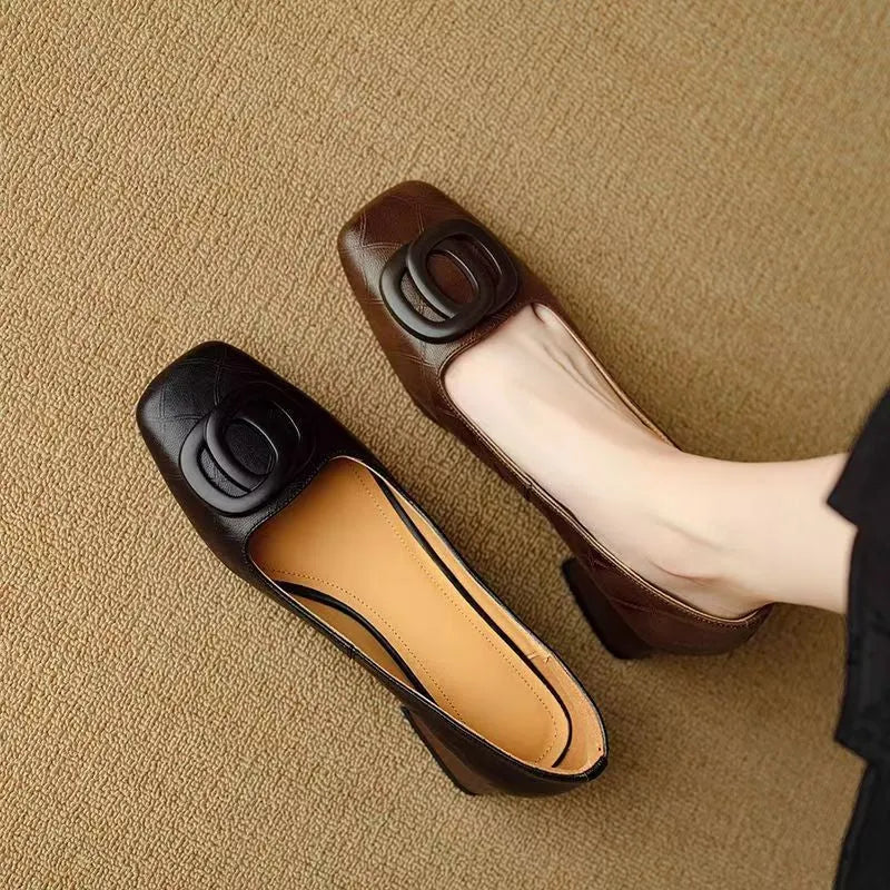 Women's microfiber flat pumps with mid chunky heel, square toe and buckle, light brown or black, sizes 35-40.