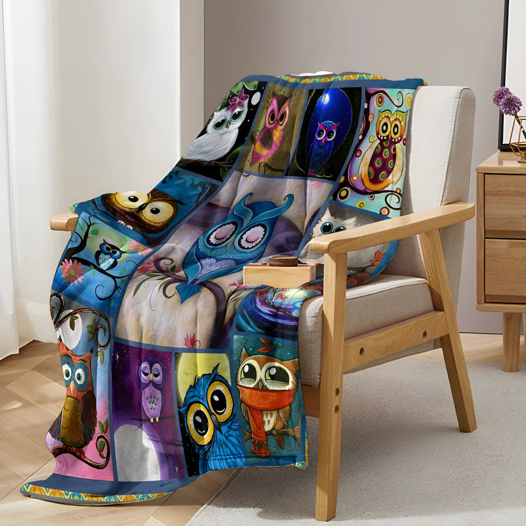 Soft flannel owl pattern blanket in multicolour, available in 75x100cm, 130x150cm, 150x200cm sizes
