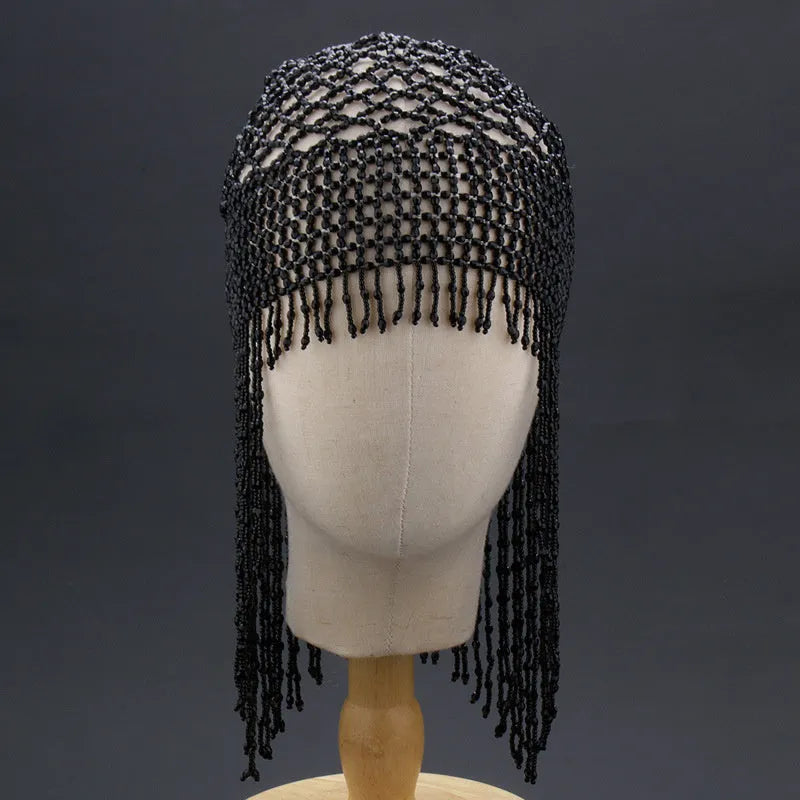 Handmade silver alloy belly dance hat with mesh decoration and long tassels