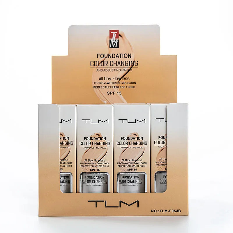 Colour change foundation liquid in pump dispenser bottle for light to medium skin tones