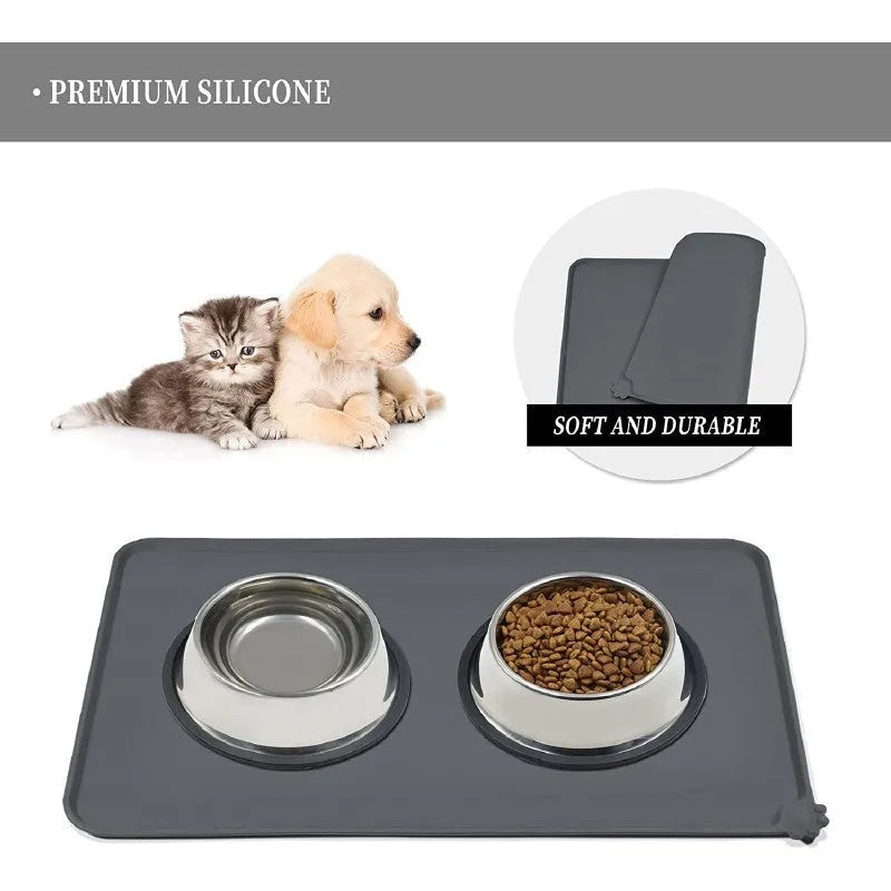 Silicone pet feeding placemat under a dog bowl, shown in one of five available colours.