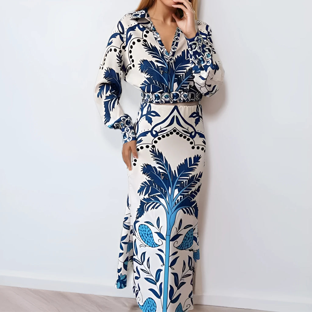 Women's casual polyester co-ord set featuring a long sleeve top and long skirt in picture colour.