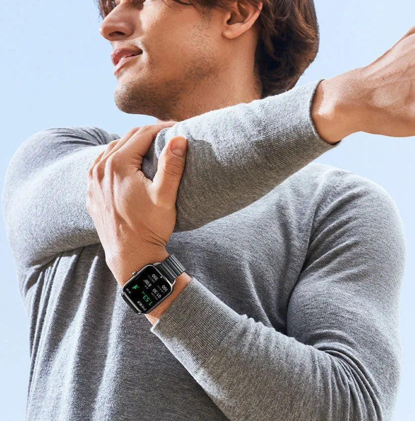 HAYLOU RS4 Plus smartwatch with AMOLED display showing fitness metrics on wrist