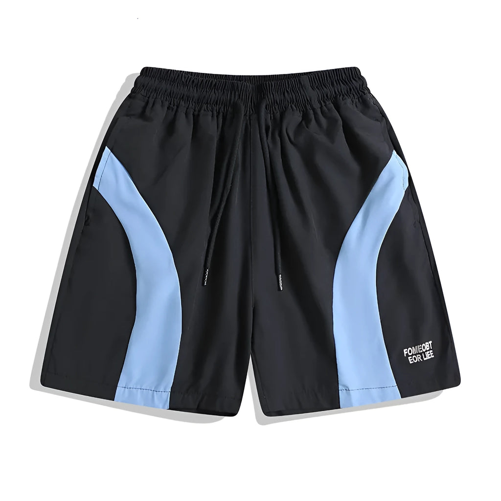 Black quick-drying sports shorts with elastic waistband and loose straight-leg design