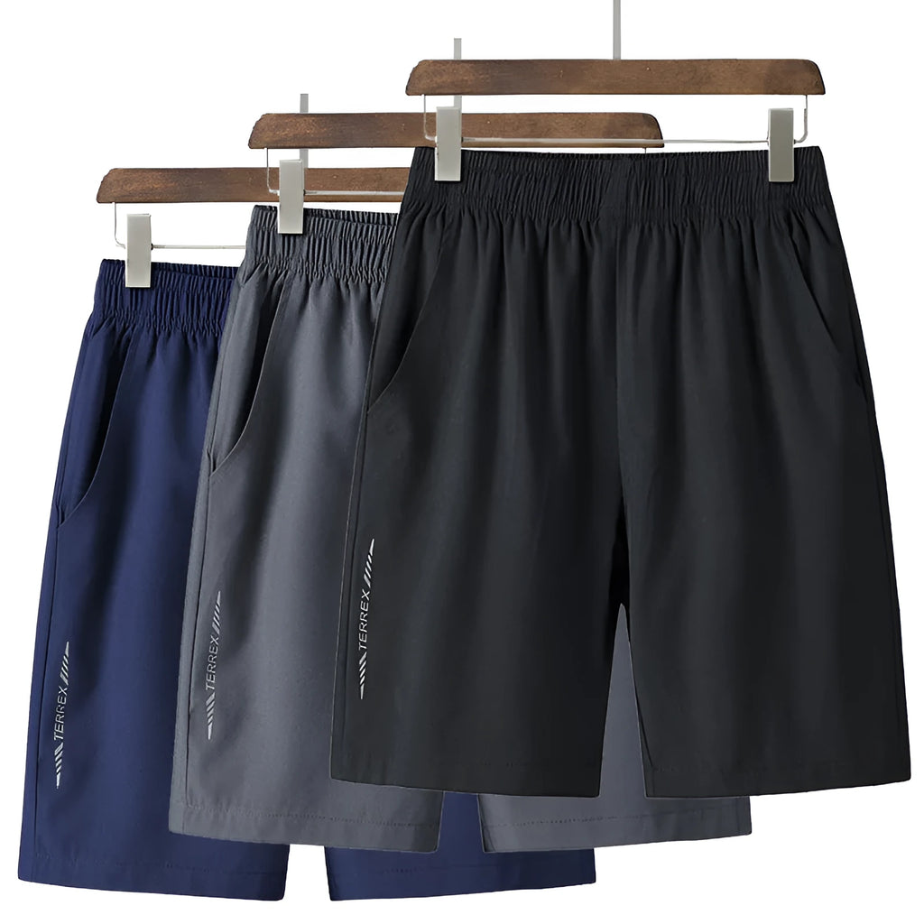 Men's cotton sports shorts in grey, black, or blue, five-point style, sizes L to 10XL, quick-drying.