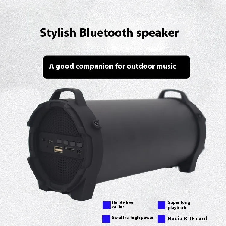 Black portable 8W Bluetooth speaker with card insertion and call function, supplied with suspender