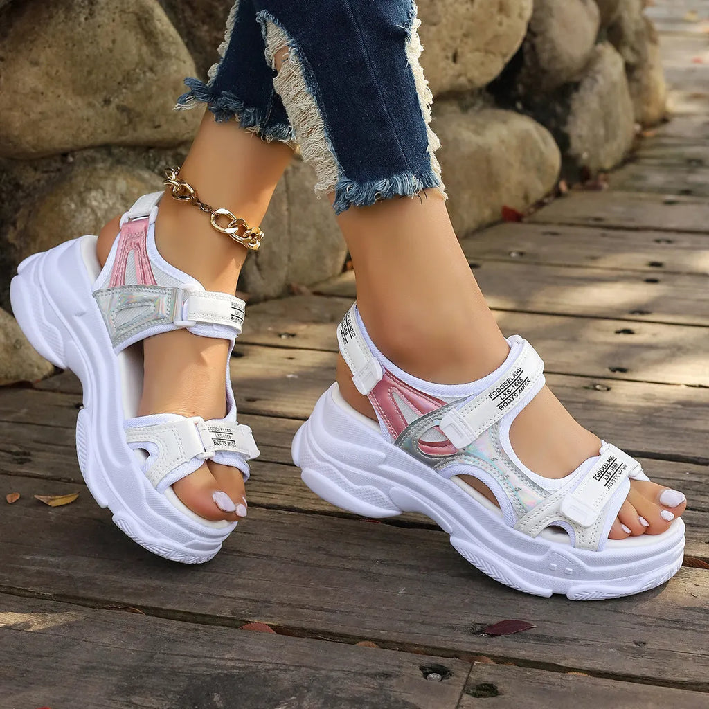 Women's Roman platform sports sandals in white and black colours with PU upper and rubber sole