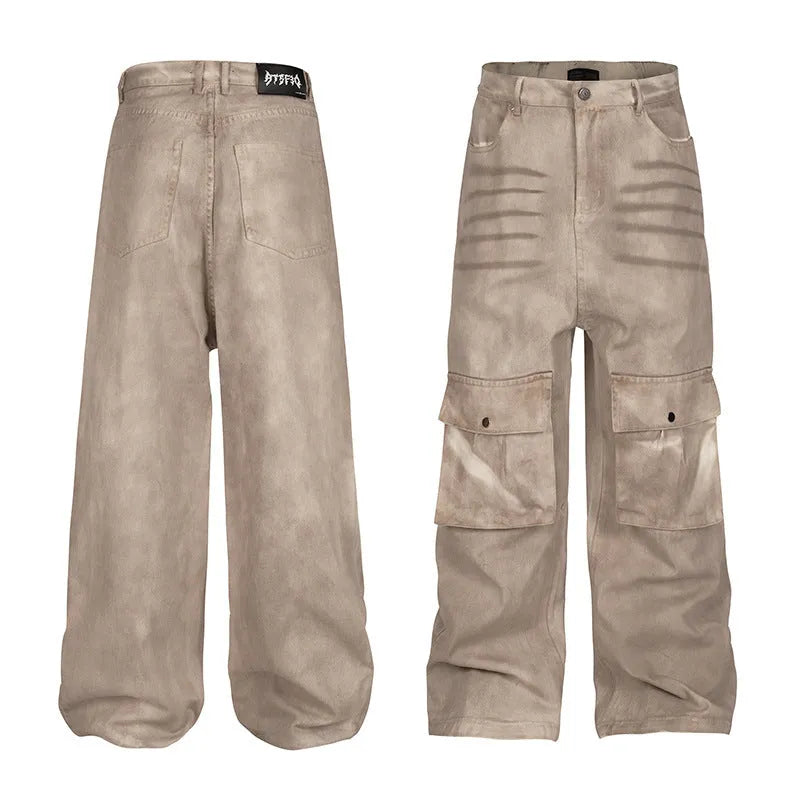 Marble dark straight leg A-line denim trousers with mid waist and zip fly front