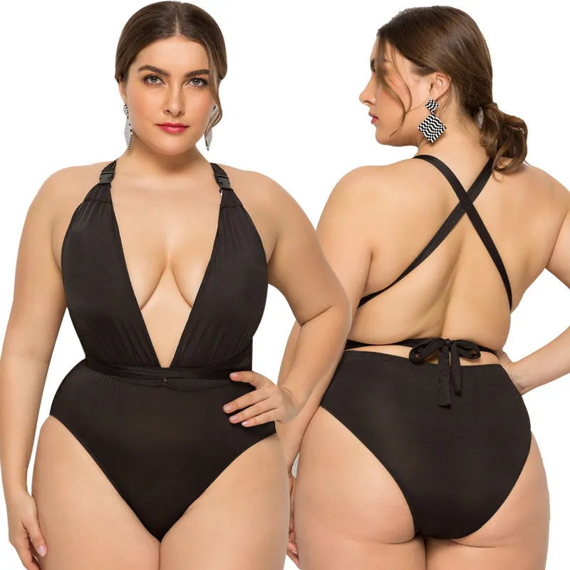Plus size one-piece swimsuit for women, solid colour black, backless with chest pad, high elasticity fabric