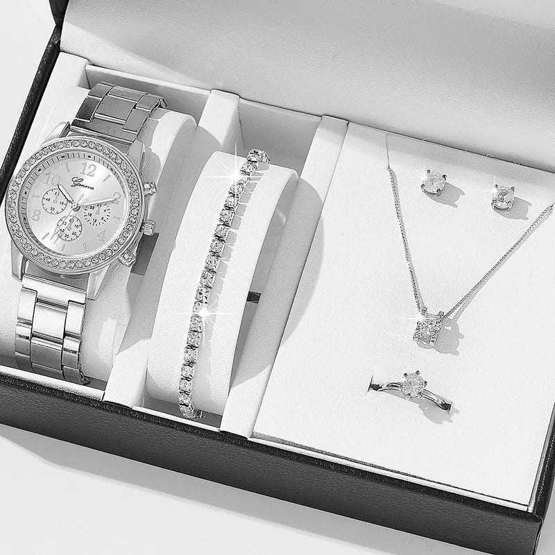 Women's casual quartz watch suit with alloy case and jewellery set in silver rose gold gold