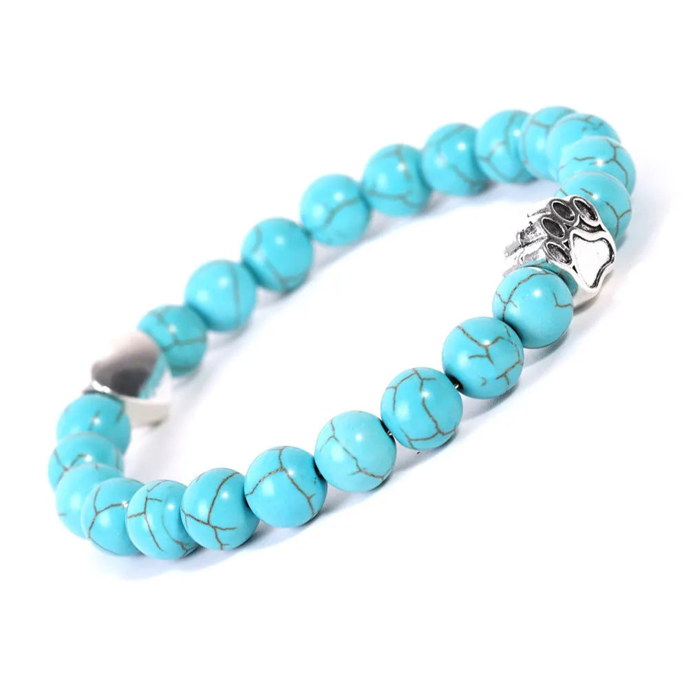 Tigereye stone bracelet with dog's paw charm, Indian agate beads, and a love heart charm on a beaded band.