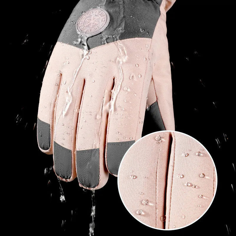Snowflake cartoon print winter gloves with touchscreen fingertips in purple and grey colour options