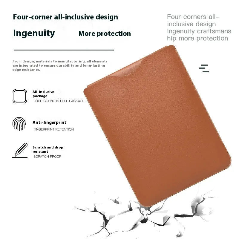Four-piece brown imitation leather edge protection strips for a MacBook laptop.