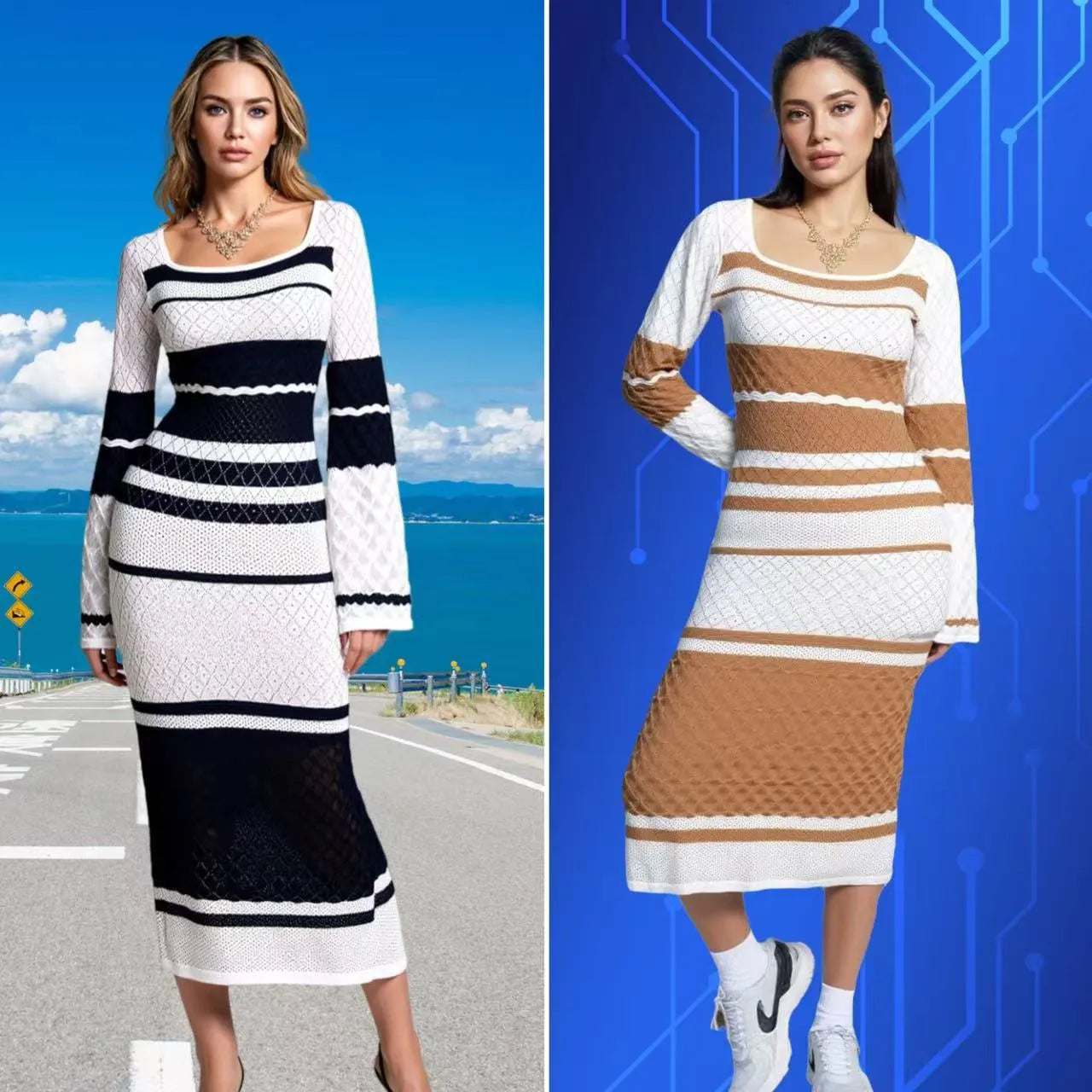 Long-sleeved U-neck knitted dress with colourful contrast stripes in black colour, free size, casual style