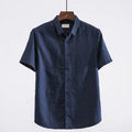 Men's light blue linen square collar casual short sleeve shirt laid flat