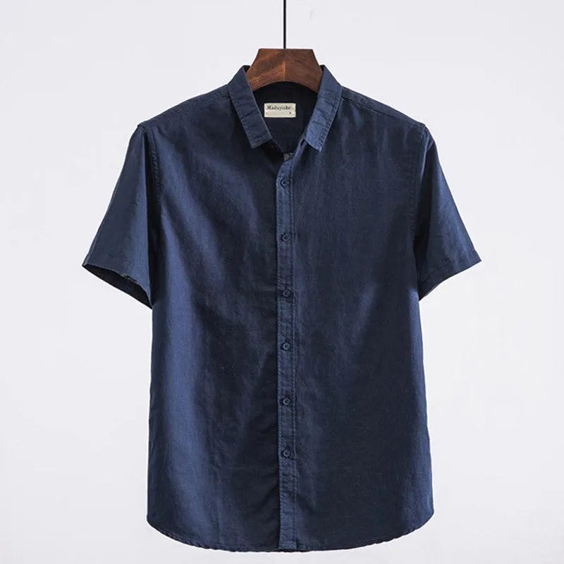 Men's light blue linen square collar casual short sleeve shirt laid flat