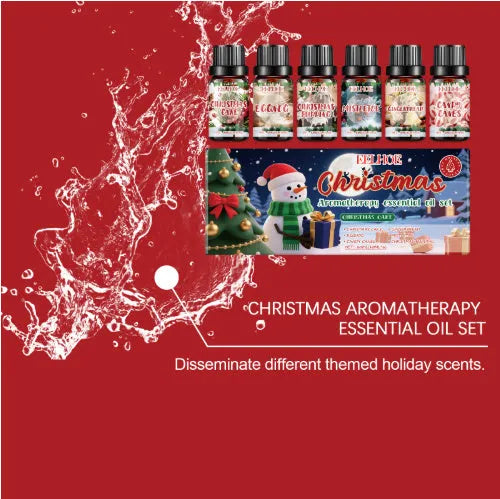 Christmas aromatherapy oil diffuser set showing six 60ml bottles and reed sticks for home fragrance
