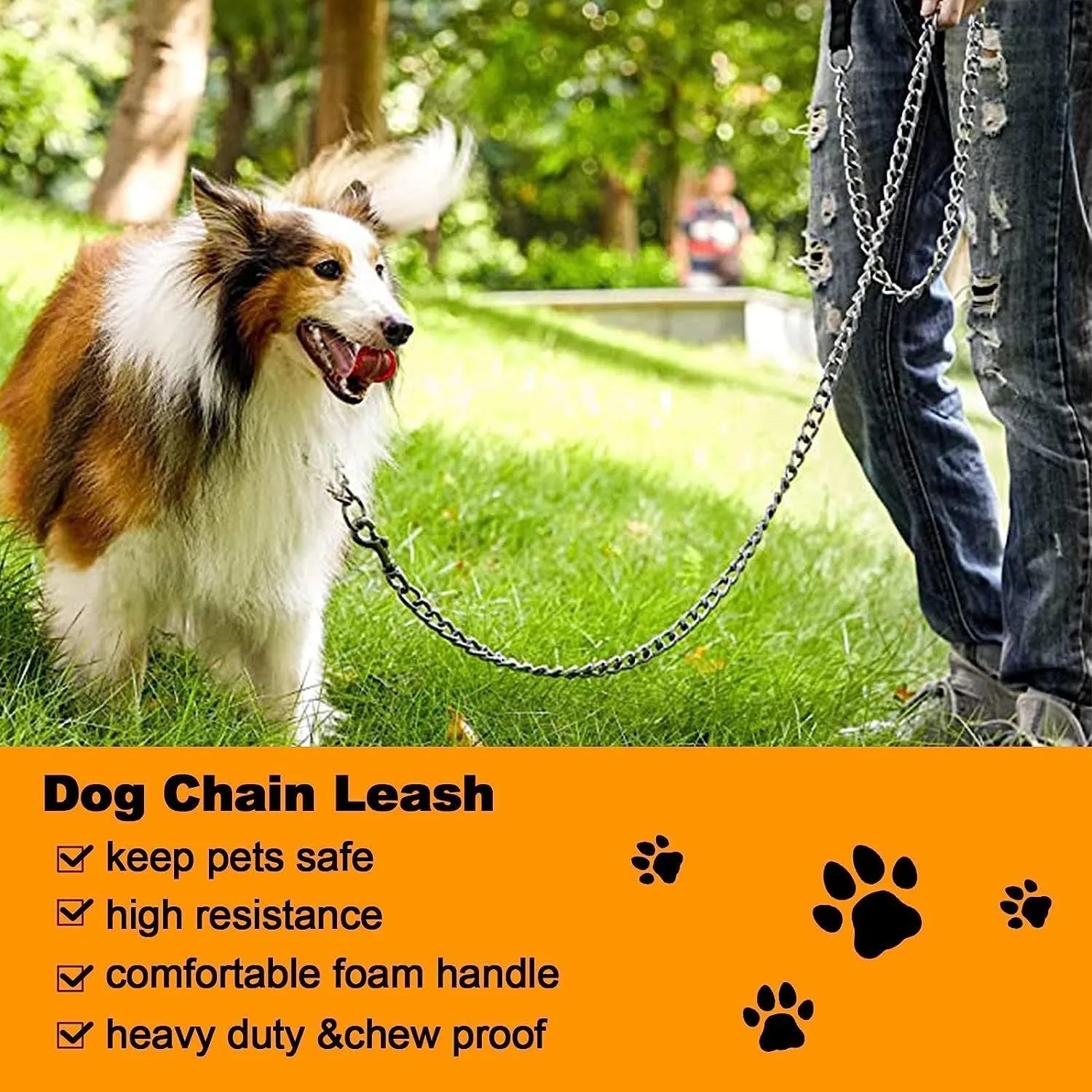 Heavy duty metal dog leash with soft padded handle and chew-proof chain in black, blue, or red