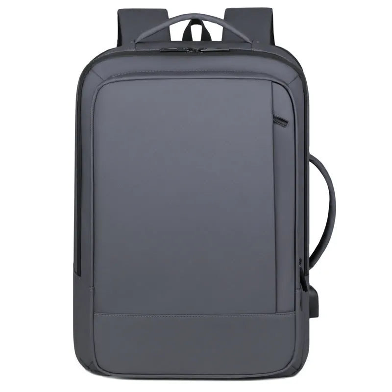 Black or grey large waterproof oxford cloth backpack with curved shoulder straps.