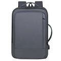 Black or grey large waterproof oxford cloth backpack with curved shoulder straps.