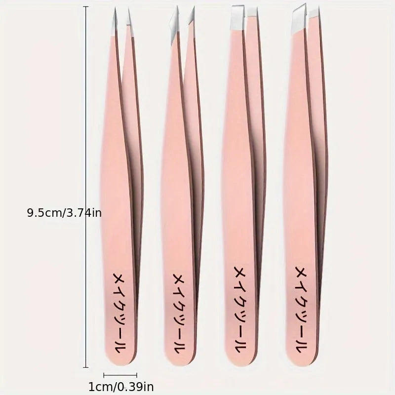 Stainless steel eye tweezer 4-piece set in silver finish, each 9.5 cm long, laid flat on a white surface